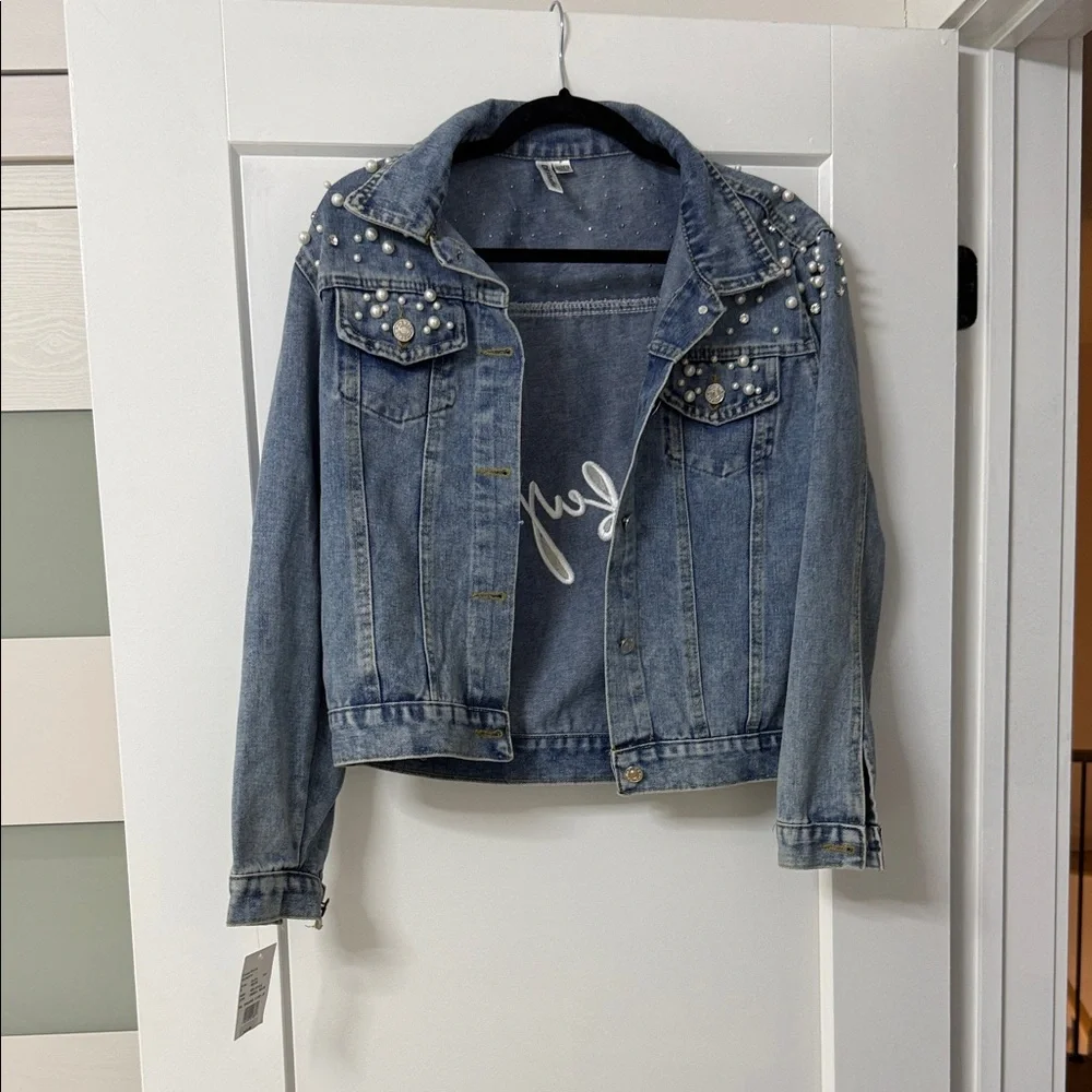 David's Bridal Blue Denim 'Wifey' Pearl Accent Jacket - Picture 2 of 2